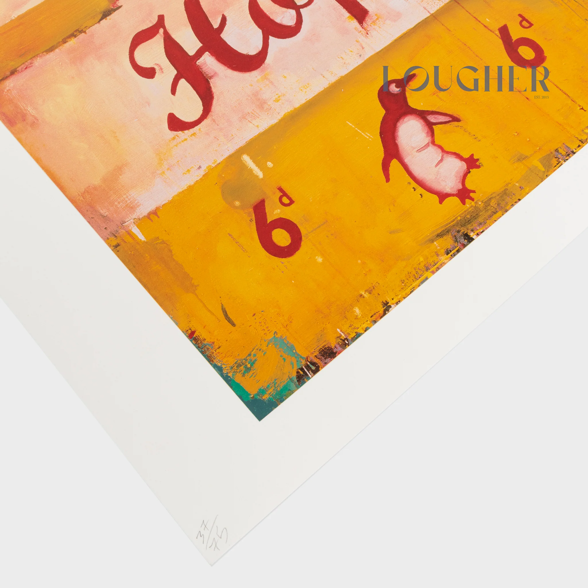 A colorful graphic print featuring bold red text and a small penguin illustration against a warm, textured background.