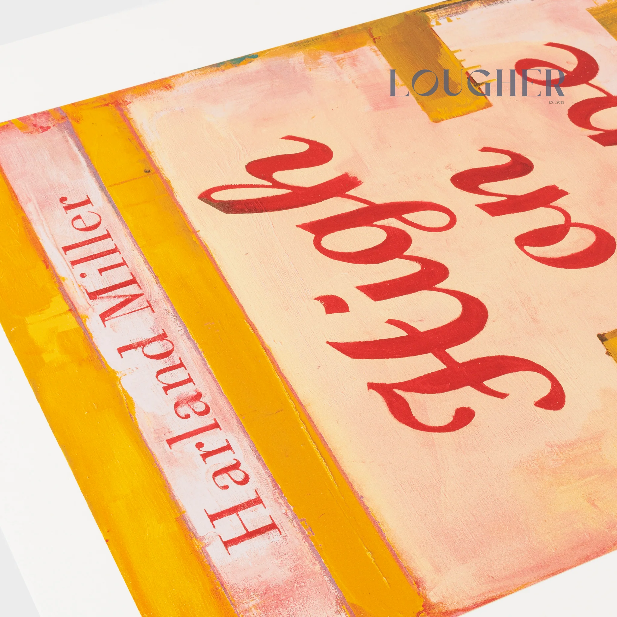 A colorful graphic print featuring bold red text and a small penguin illustration against a warm, textured background.