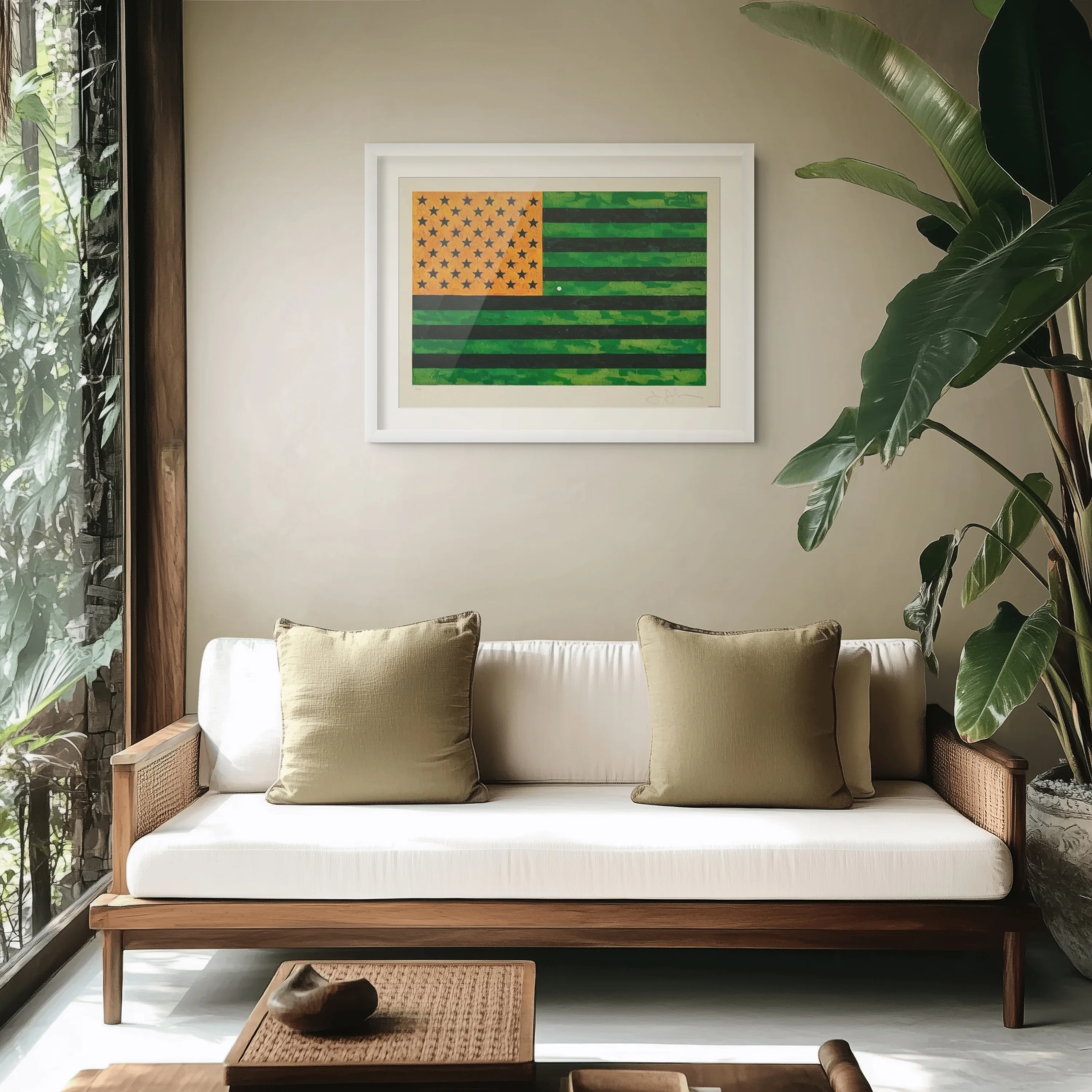 A stylized flag design featuring a camouflage pattern and bold geometric stars.