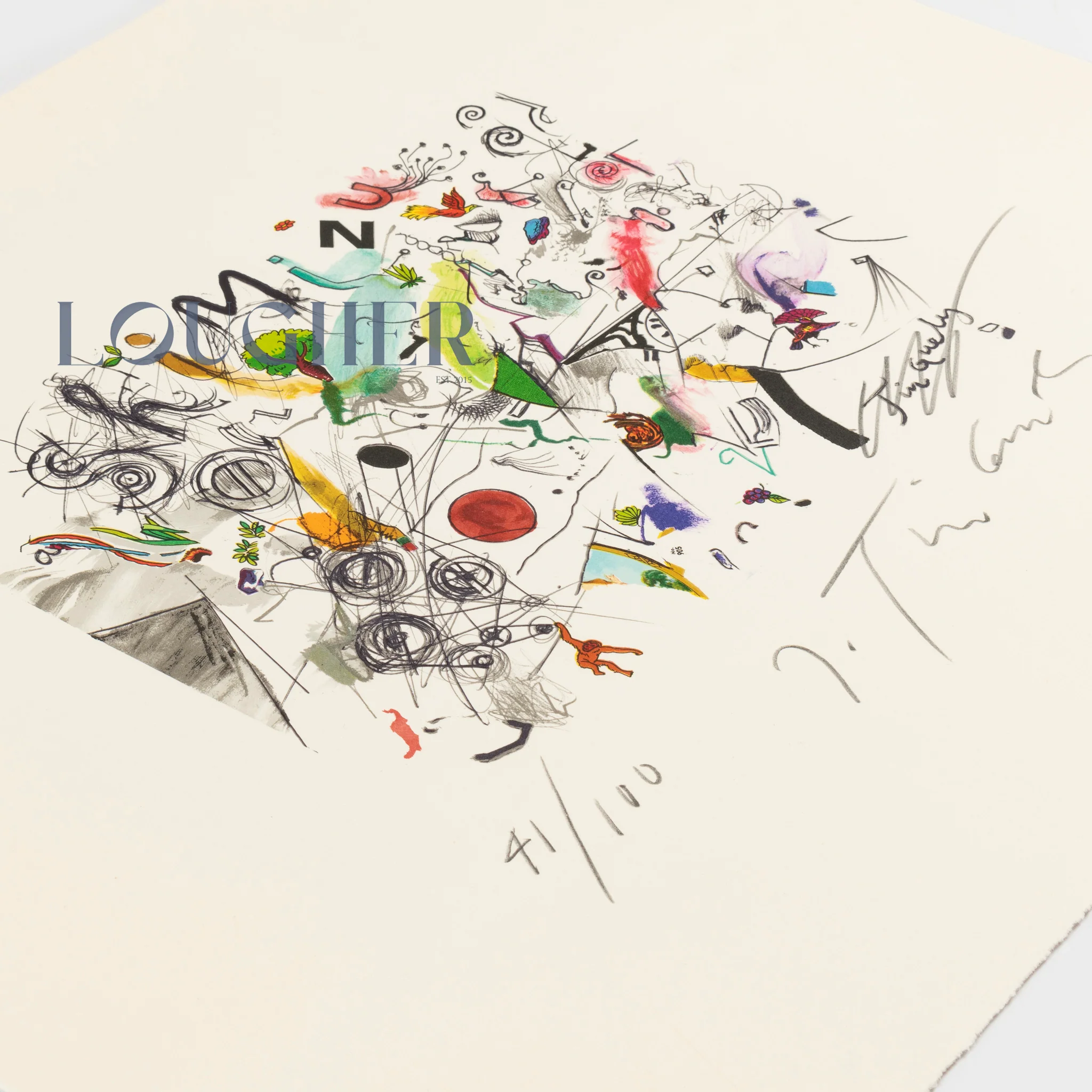 A colorful abstract composition filled with scribbled shapes, letters, and figures on a light background.