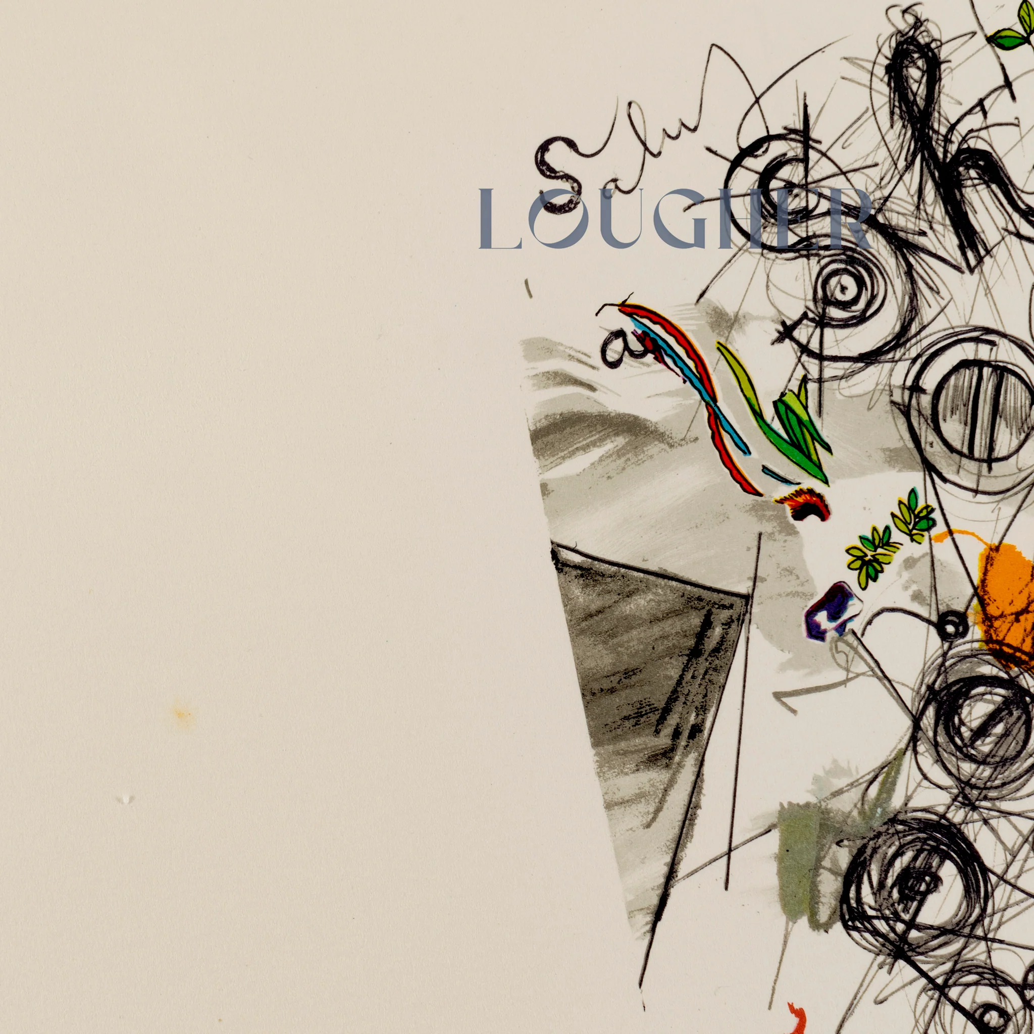A colorful abstract composition filled with scribbled shapes, letters, and figures on a light background.