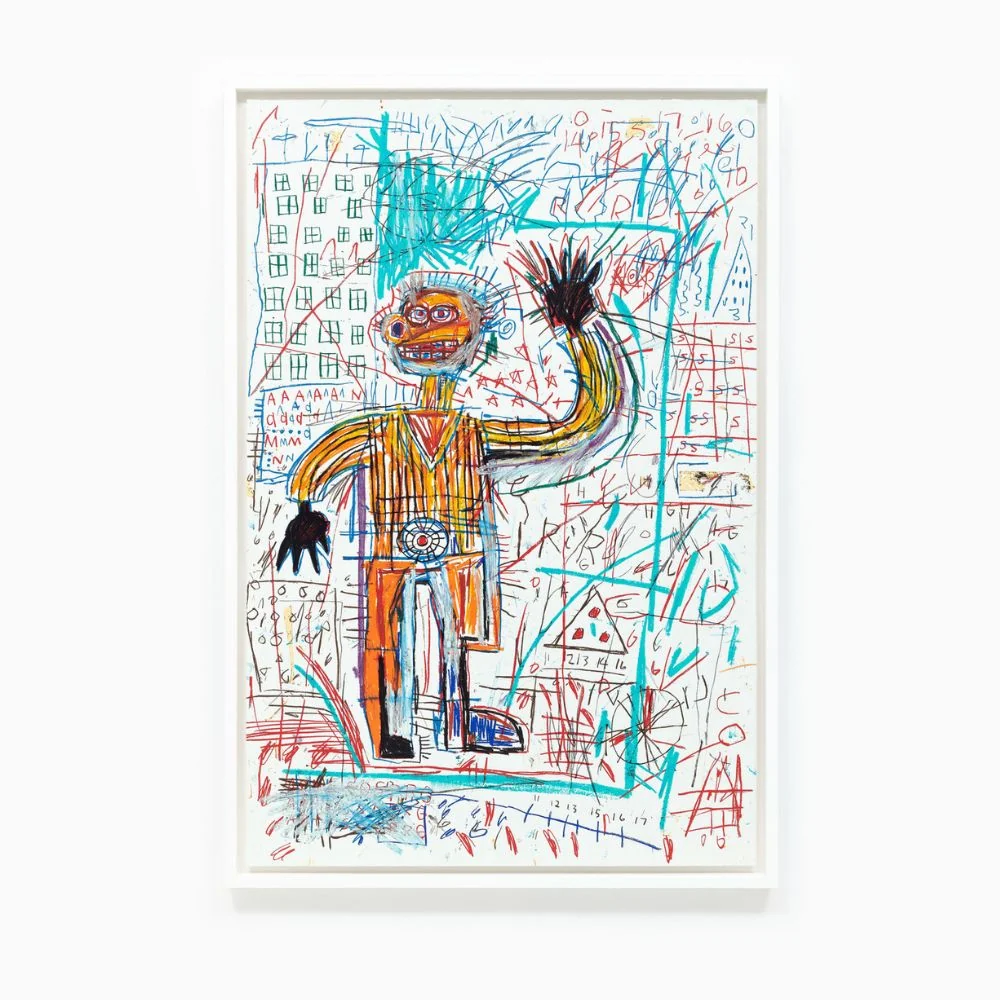 A collection of five colorful, scribbled drawings featuring stylized figures amidst chaotic backgrounds.