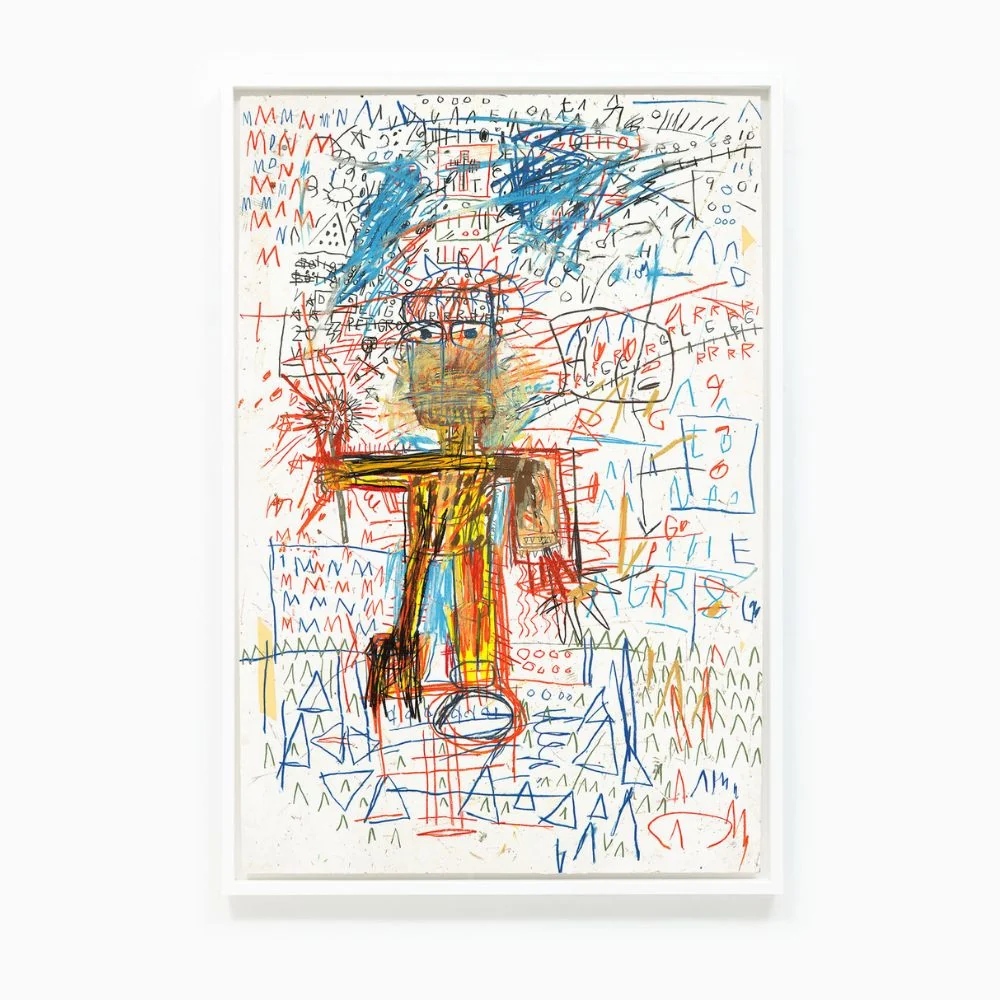 A collection of five colorful, scribbled drawings featuring stylized figures amidst chaotic backgrounds.