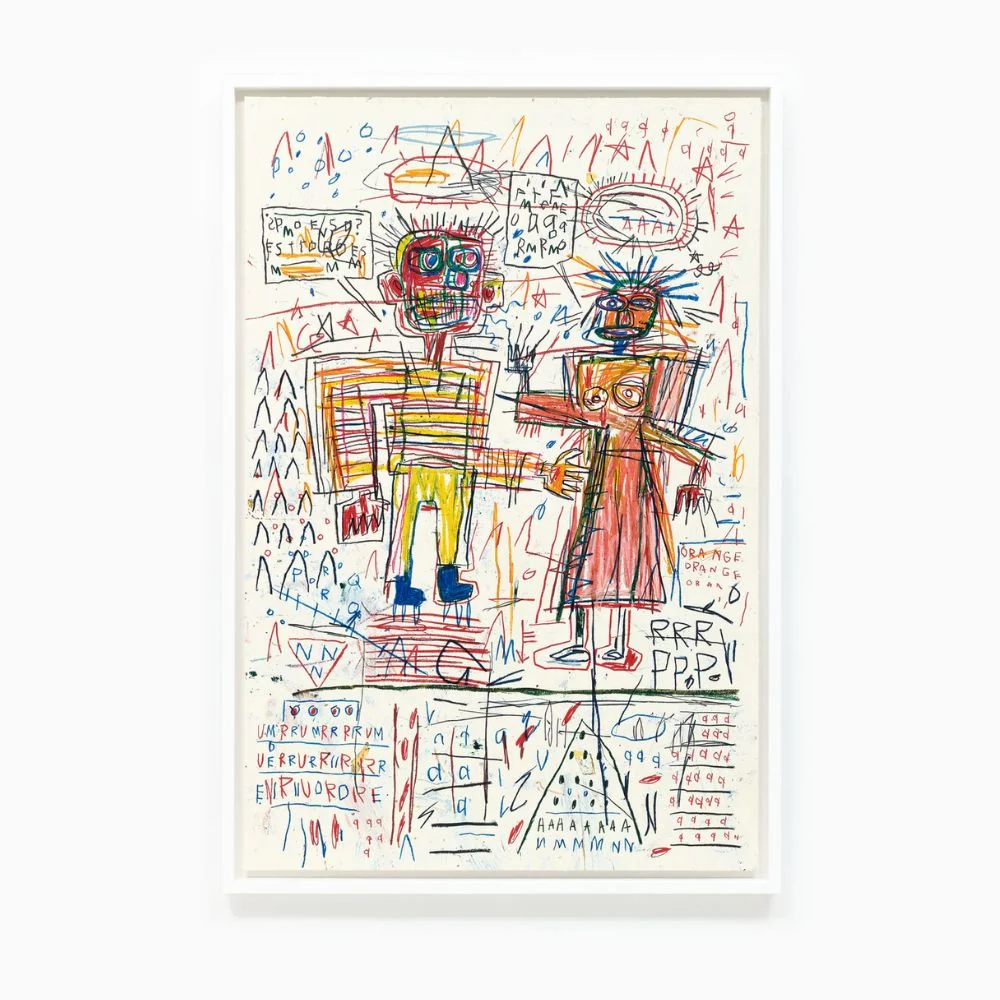 A collection of five colorful, scribbled drawings featuring stylized figures amidst chaotic backgrounds.