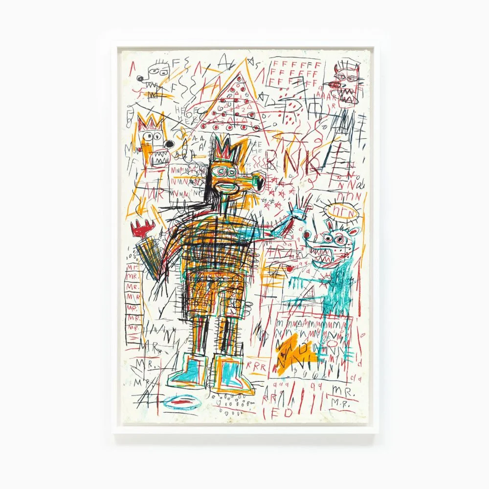 A collection of five colorful, scribbled drawings featuring stylized figures amidst chaotic backgrounds.