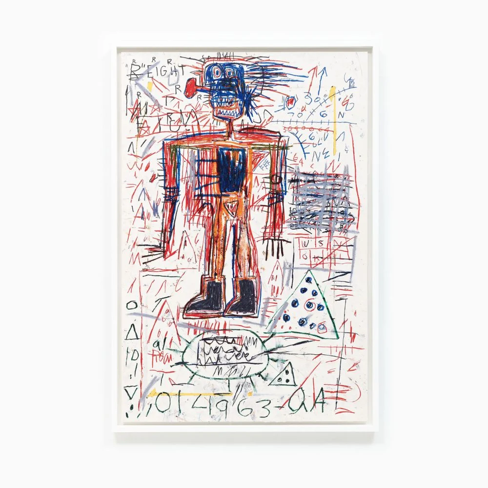 A collection of five colorful, scribbled drawings featuring stylized figures amidst chaotic backgrounds.