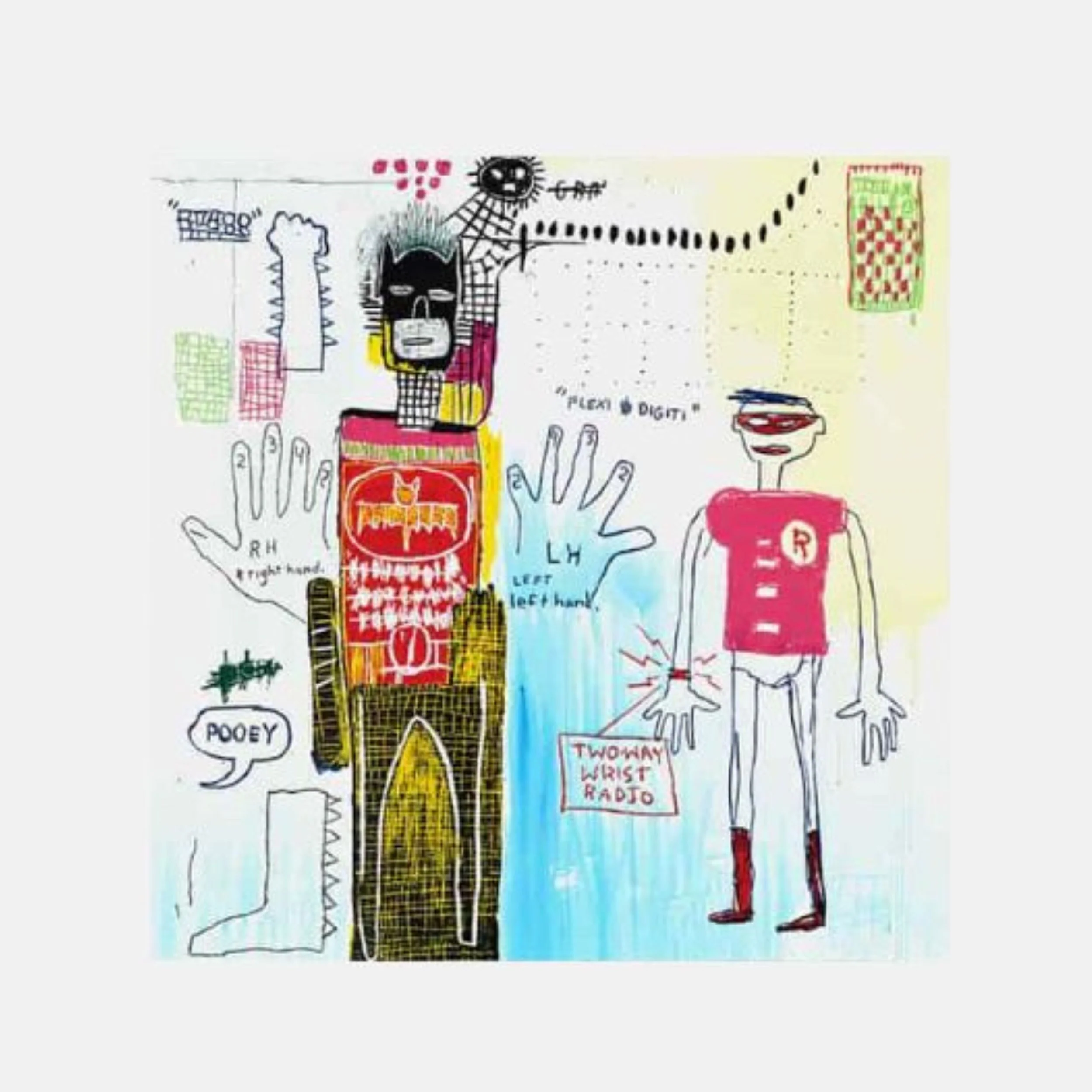 A collage of four distinct, chaotic drawings featuring abstract figures, text, and bold colors.