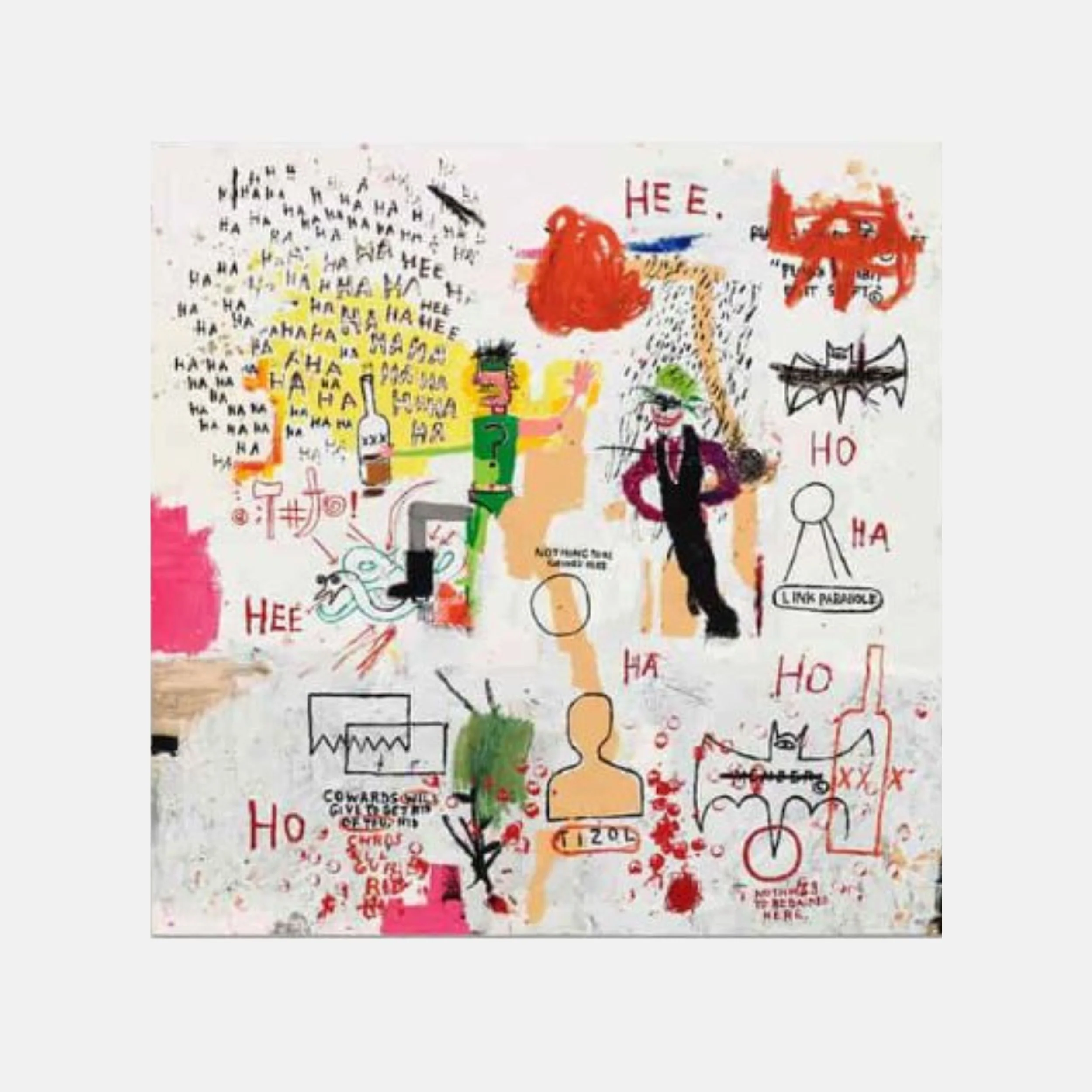 A collage of four distinct, chaotic drawings featuring abstract figures, text, and bold colors.