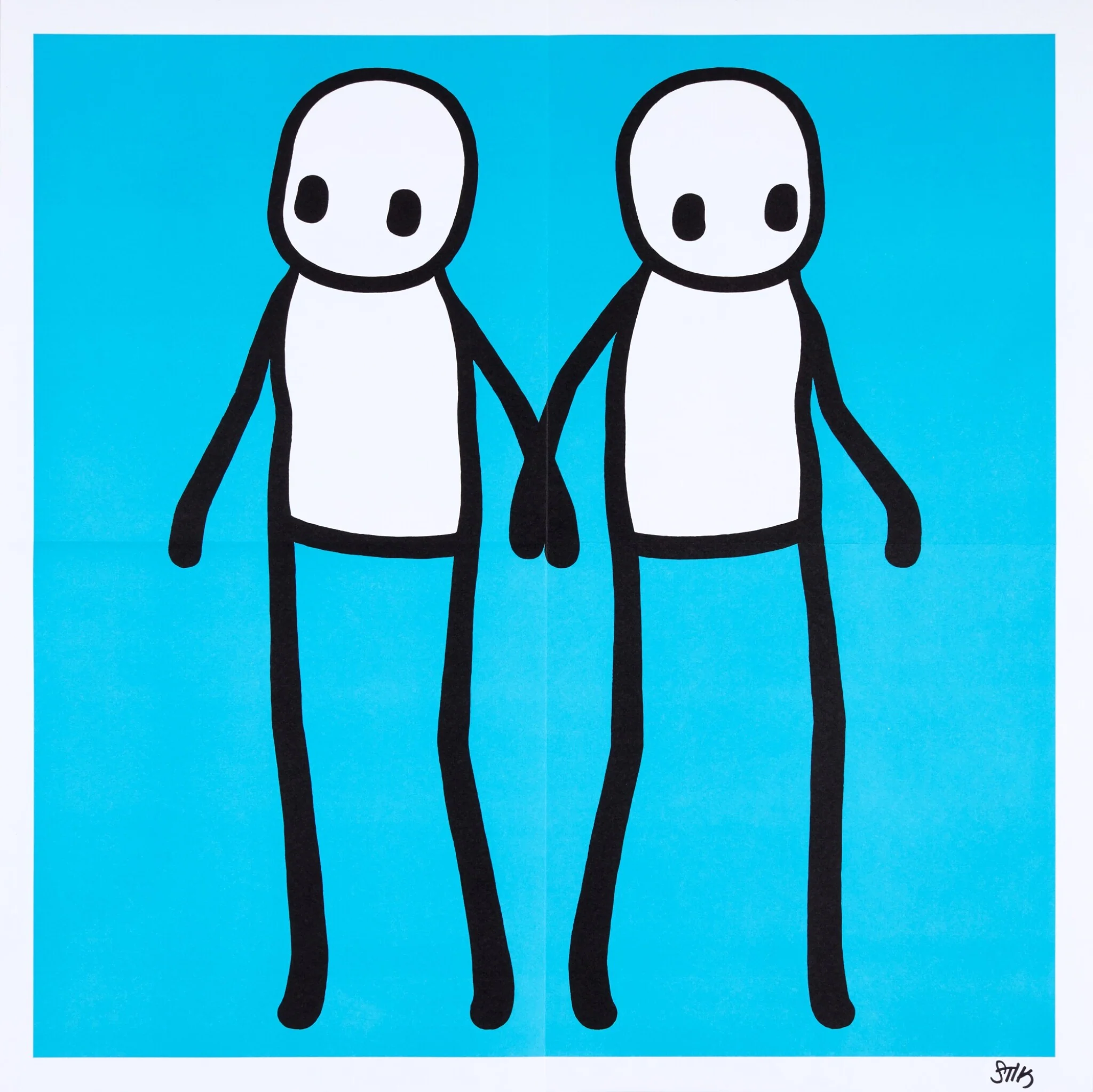 A collection of five colorful square prints featuring pairs of simple figures holding hands.