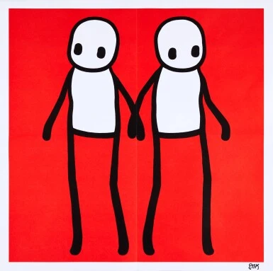 A collection of five colorful square prints featuring pairs of simple figures holding hands.