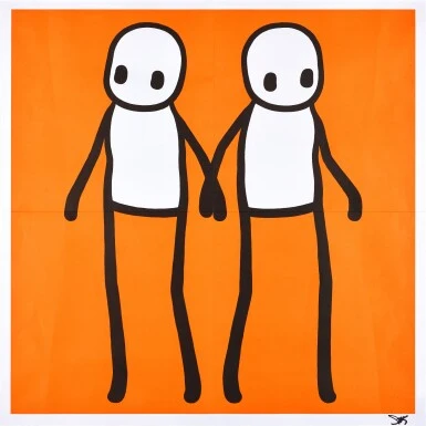 A collection of five colorful square prints featuring pairs of simple figures holding hands.