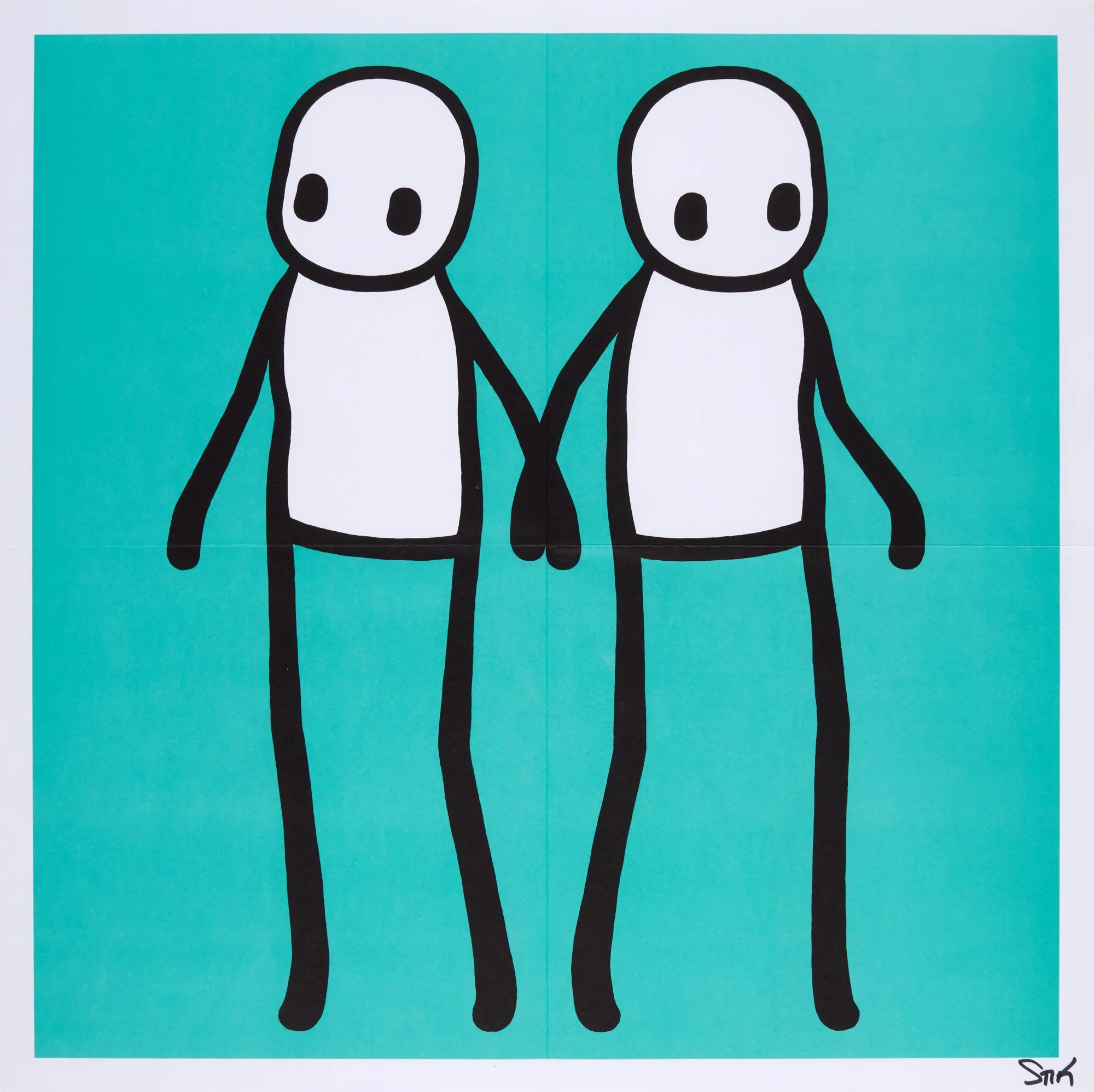 A collection of five colorful square prints featuring pairs of simple figures holding hands.
