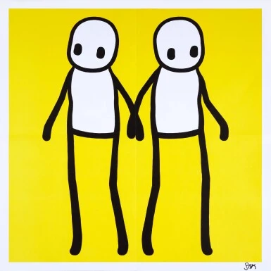 A collection of five colorful square prints featuring pairs of simple figures holding hands.