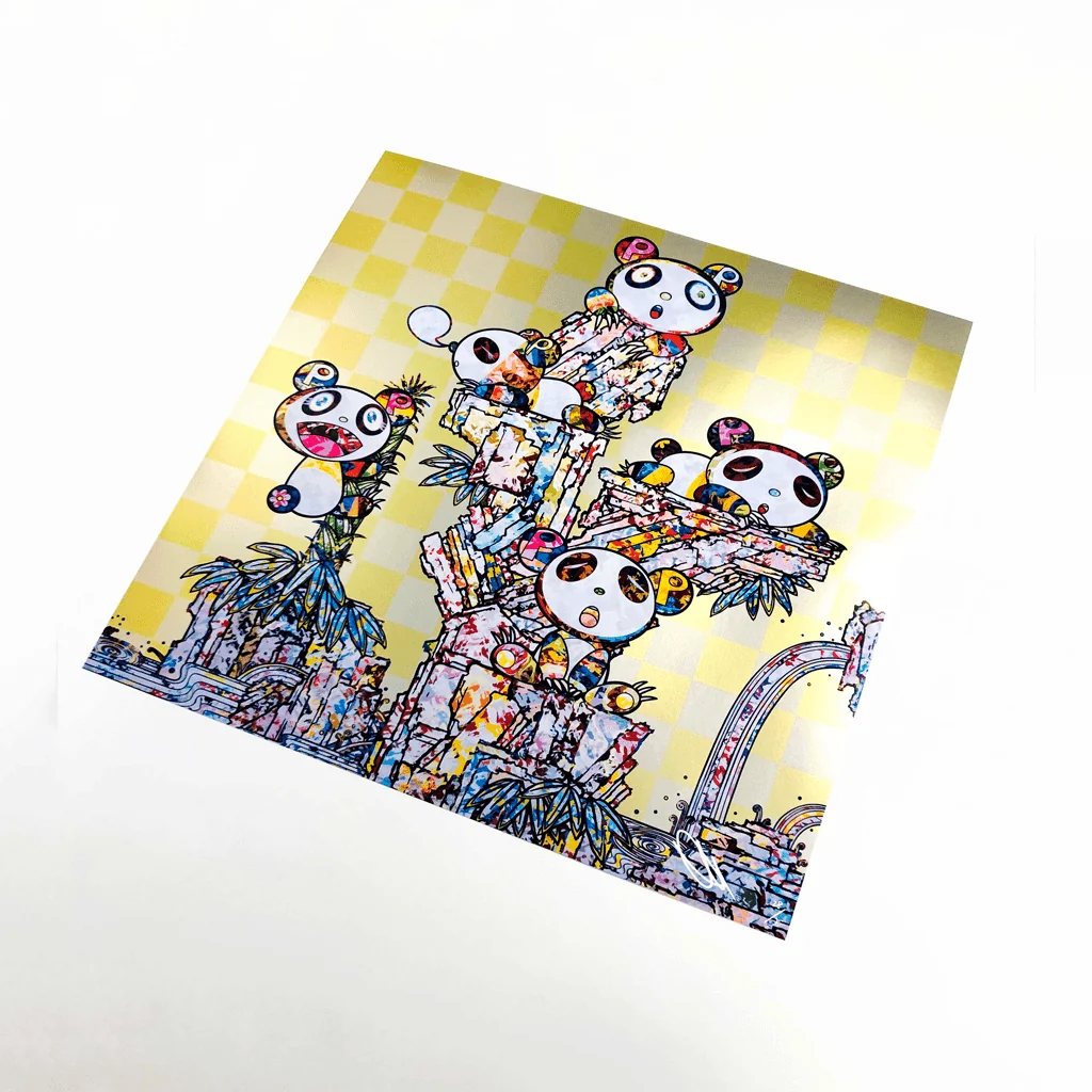 A colorful, layered illustration of five stylized panda figures perched on a crumbling tower against a yellow checkered background.