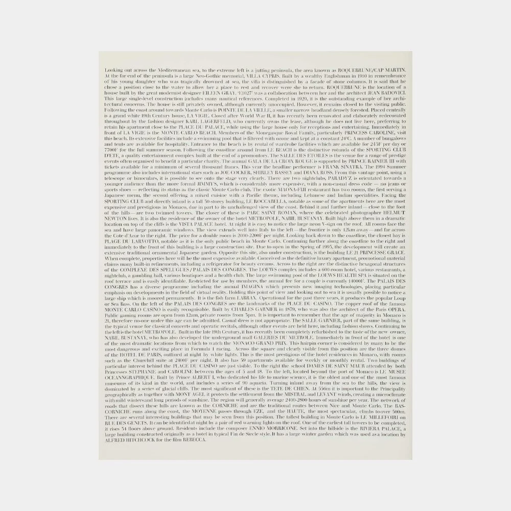 A minimalist print featuring stacked orange text on a blue background.