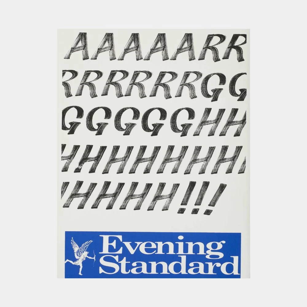 A minimalist print featuring stacked orange text on a blue background.