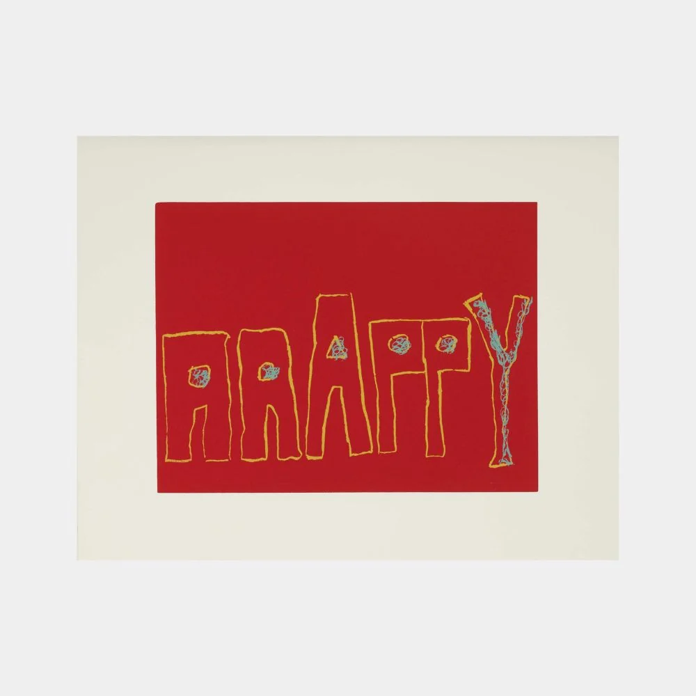 A minimalist print featuring stacked orange text on a blue background.