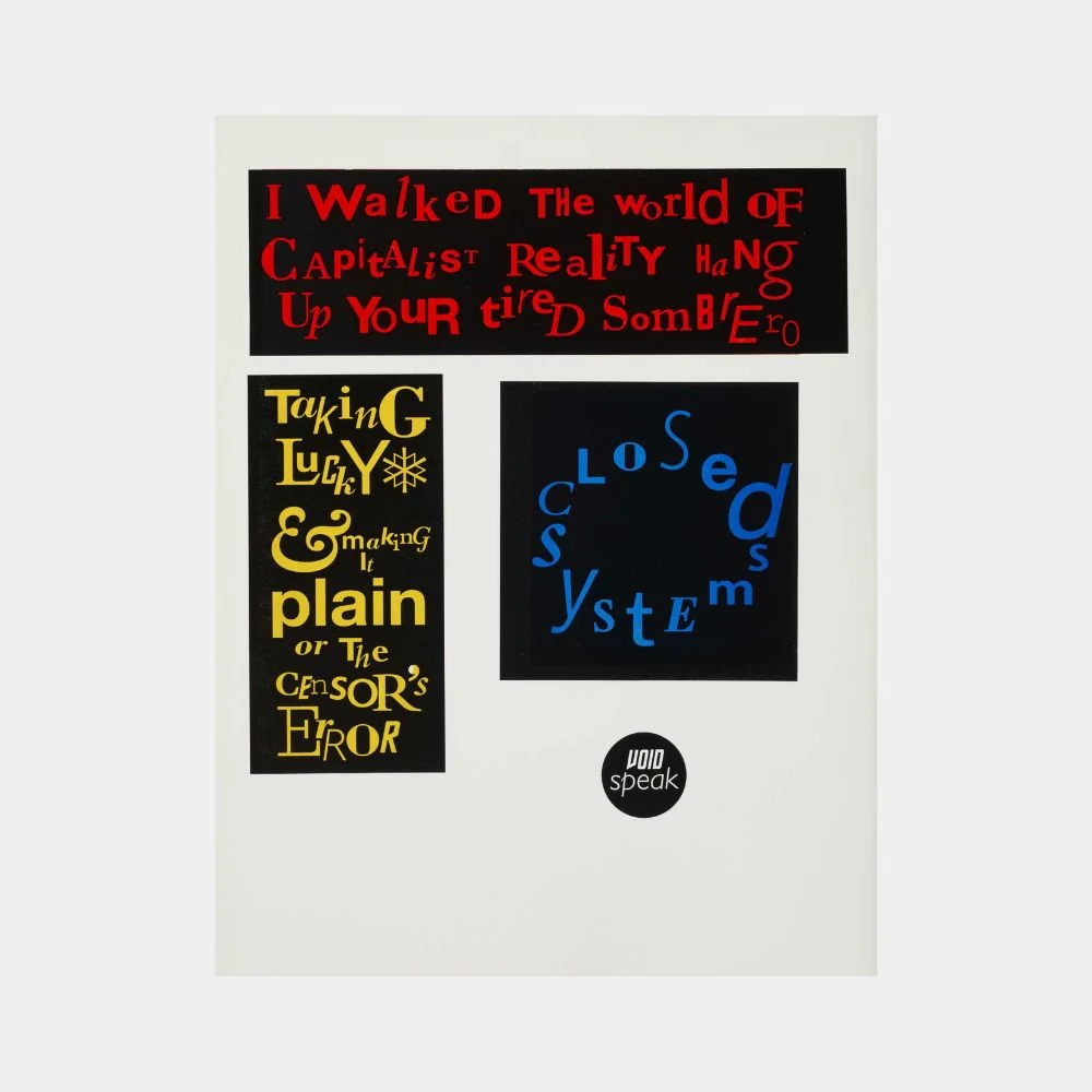 A minimalist print featuring stacked orange text on a blue background.