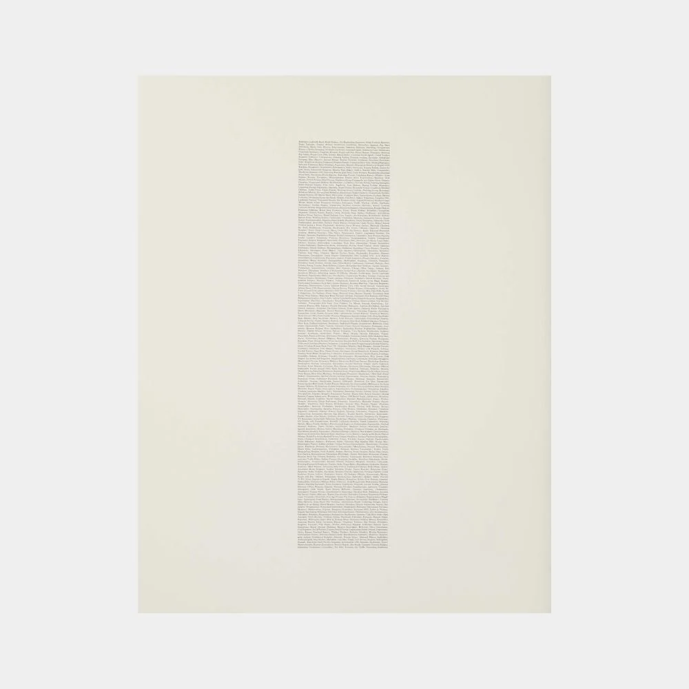 A minimalist print featuring stacked orange text on a blue background.
