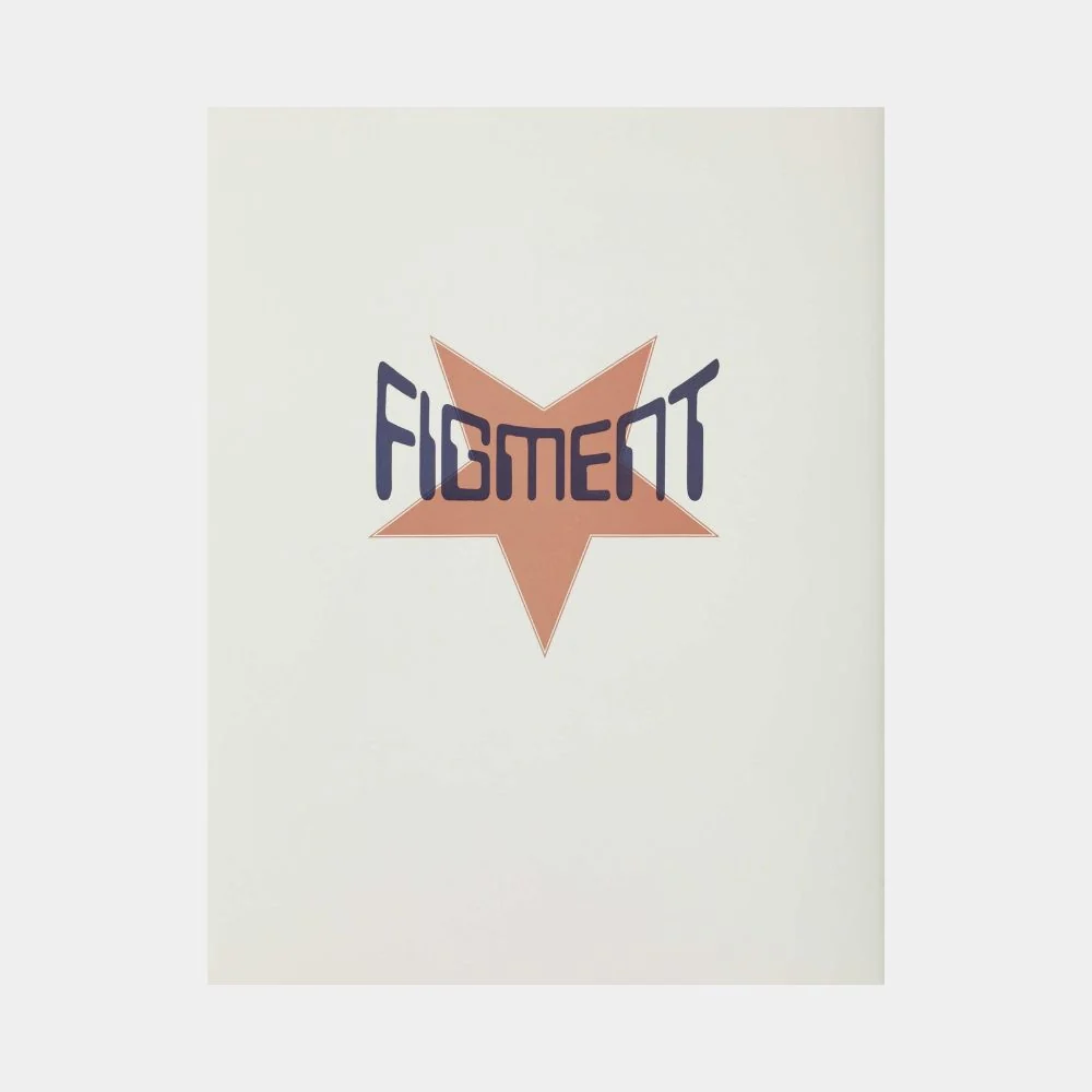 A minimalist print featuring stacked orange text on a blue background.