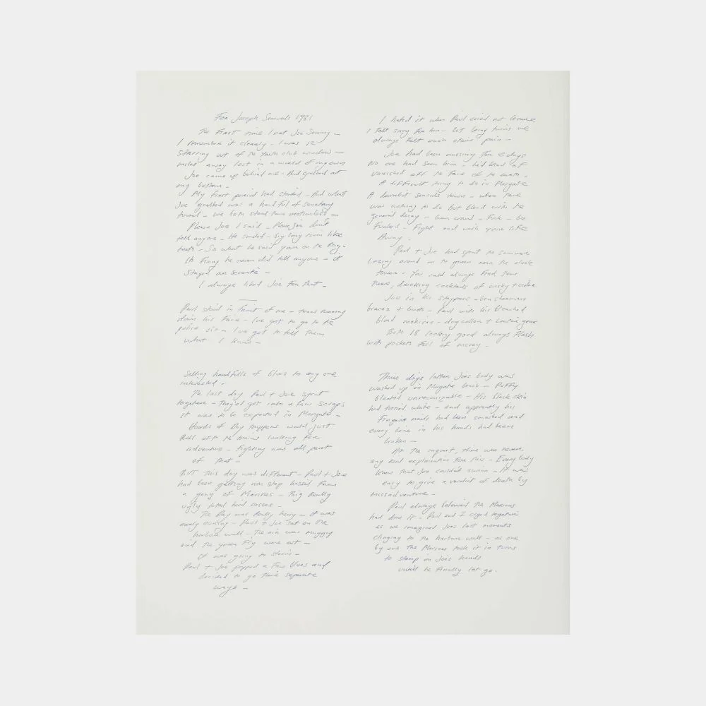 A minimalist print featuring stacked orange text on a blue background.