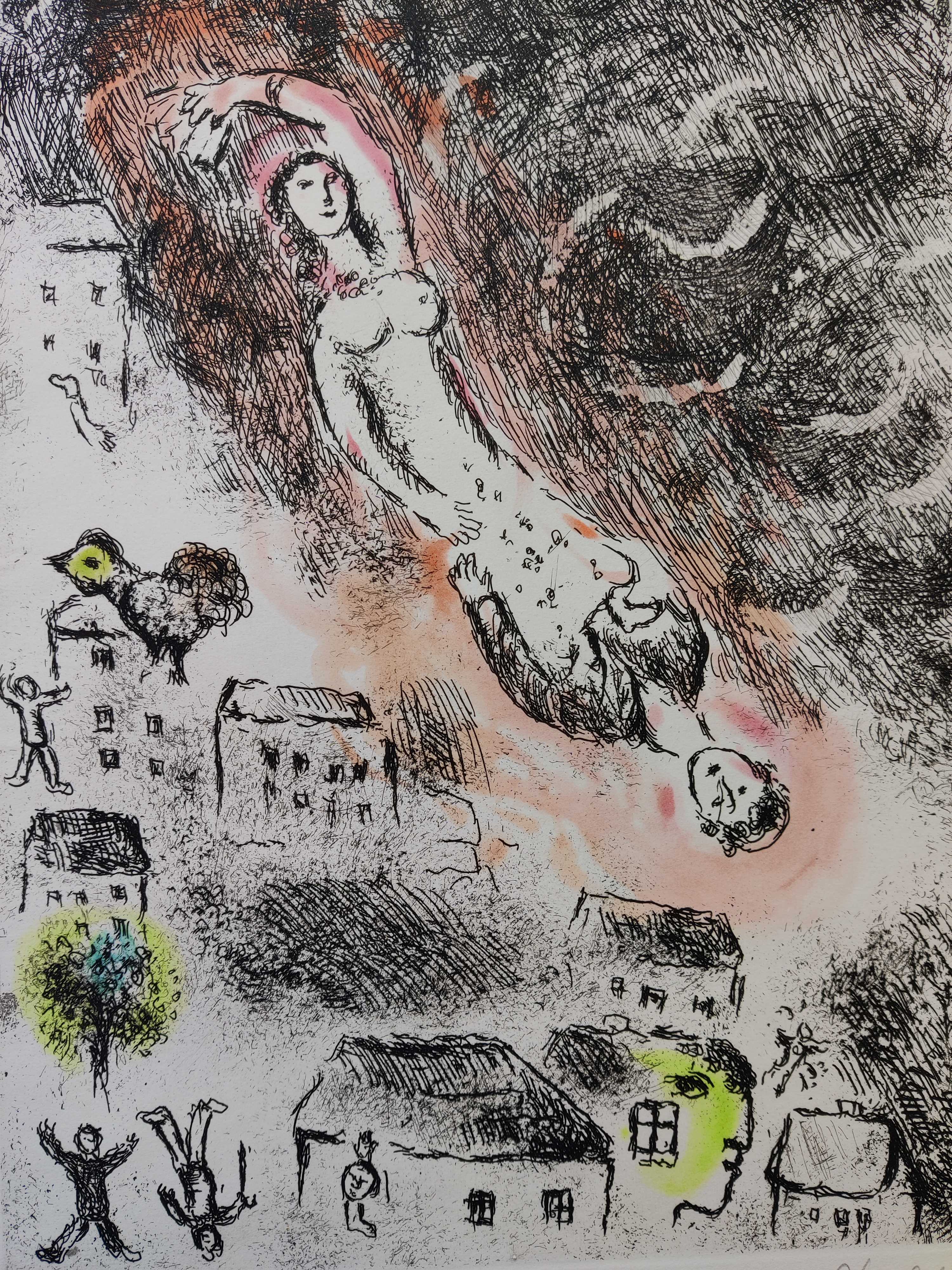 A drawing of a woman flying through the air over a city.