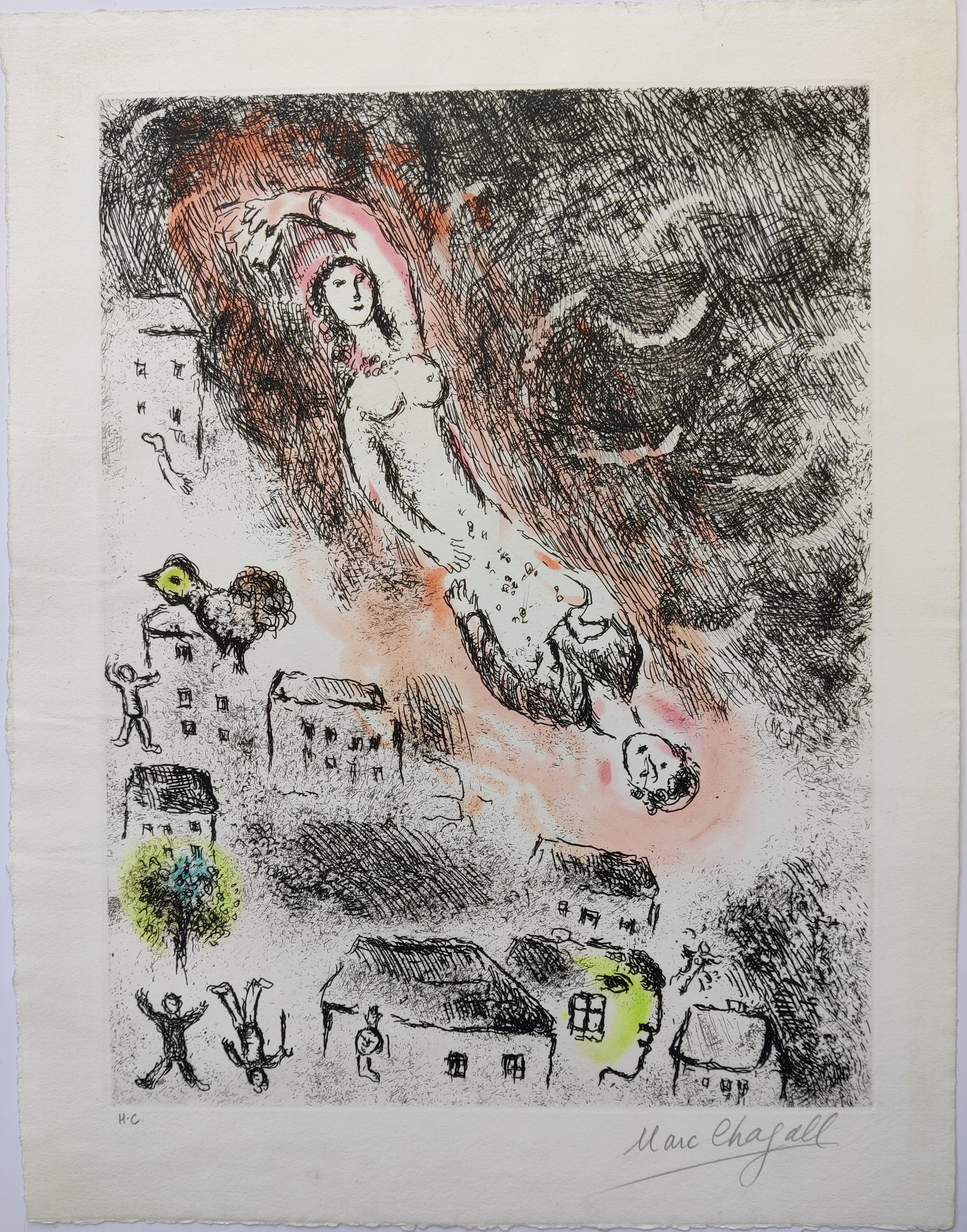 A drawing of a woman flying through the air over a city.