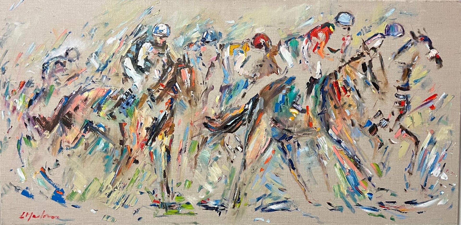 A painting of a group of people riding horses.