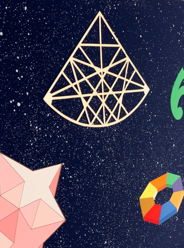 A geometric composition of abstract shapes floating in a starry void.