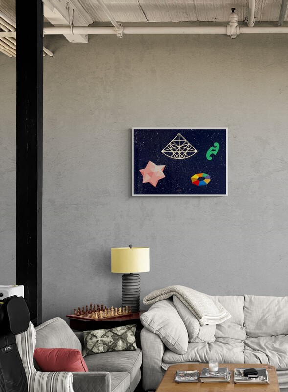 A geometric composition of abstract shapes floating in a starry void.