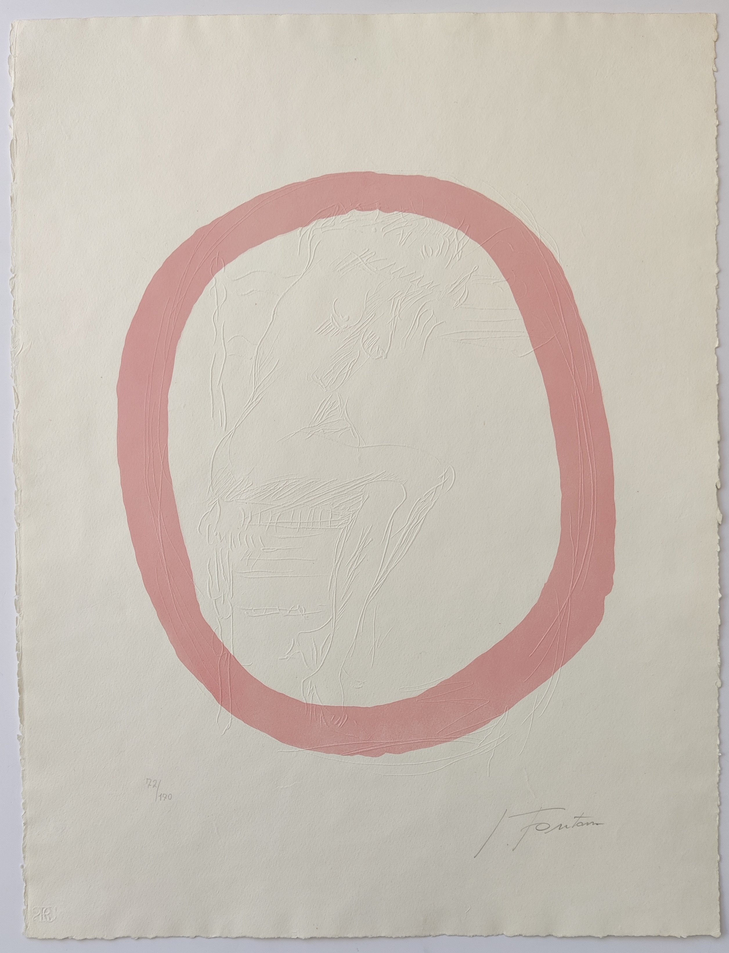 A pink circle with a drawing of a woman in it.