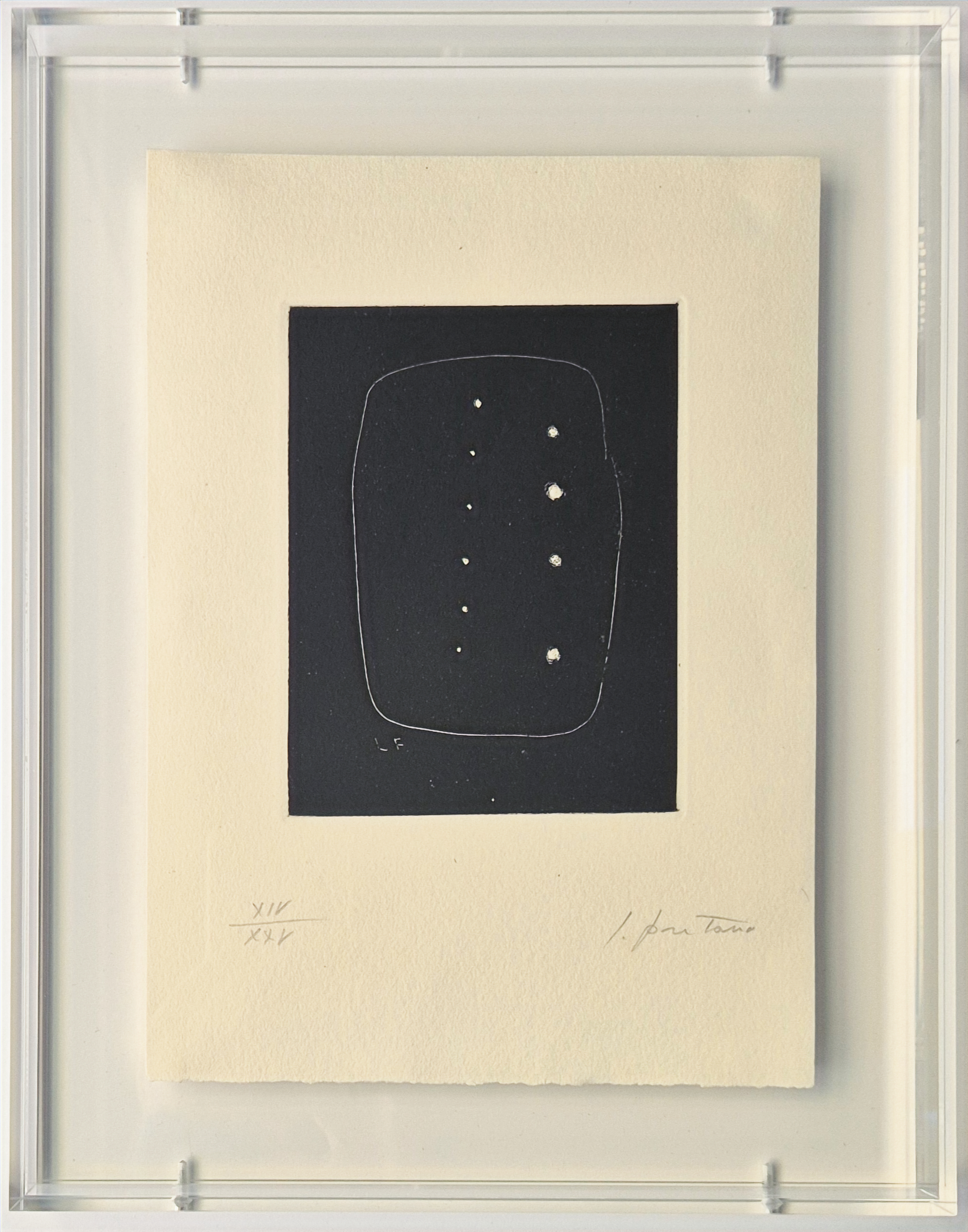 A black and white drawing of a square with dots on it.
