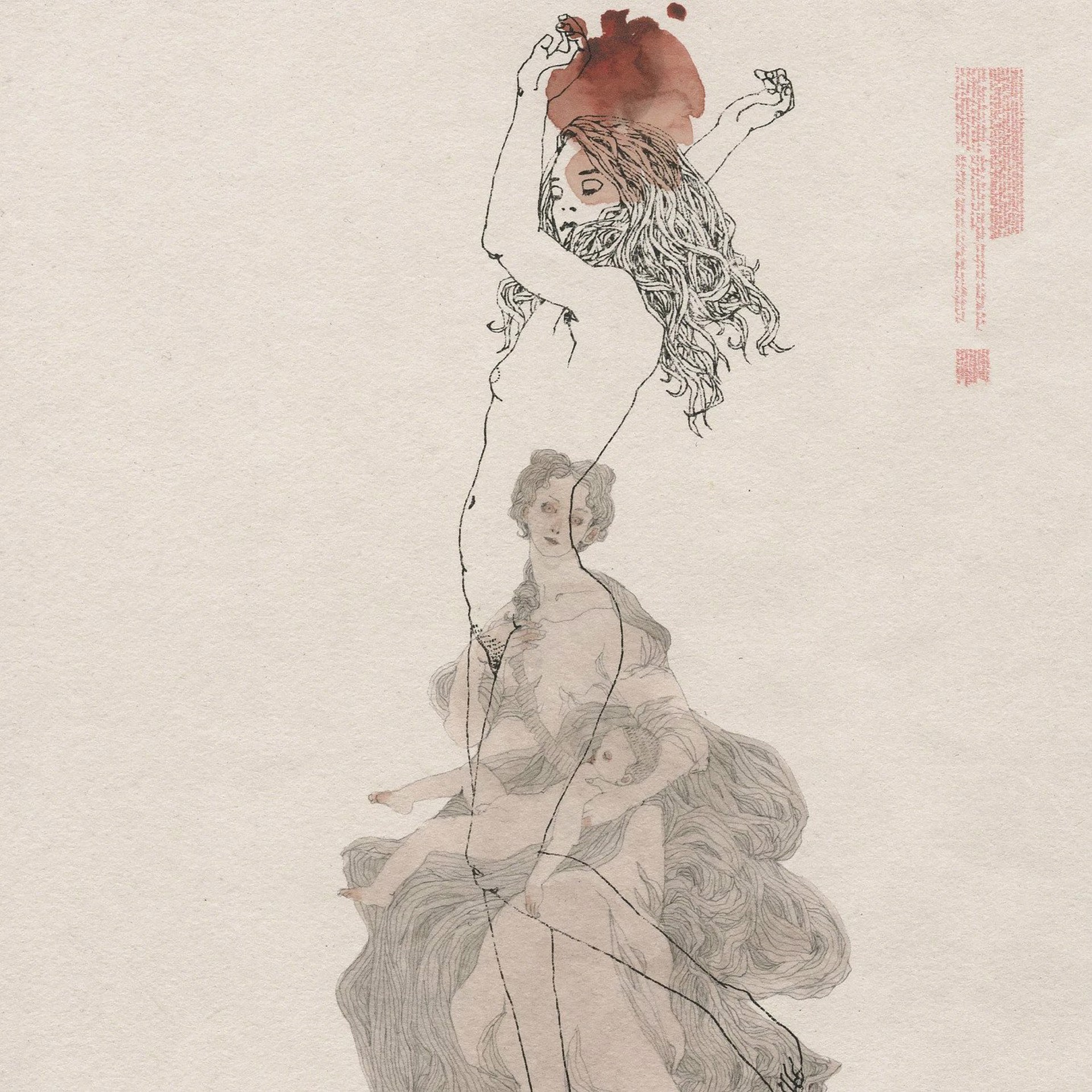 A vertical ink drawing of a figure with flowing hair and a red hat, seated on another figure.