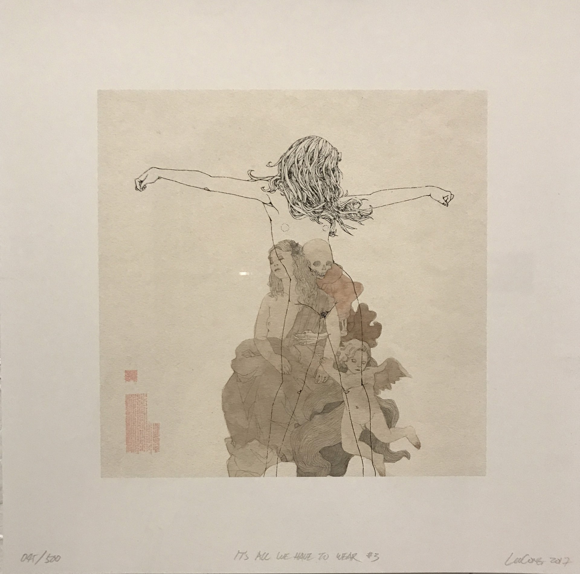 A drawing of a woman with her arms outstretched in the air.