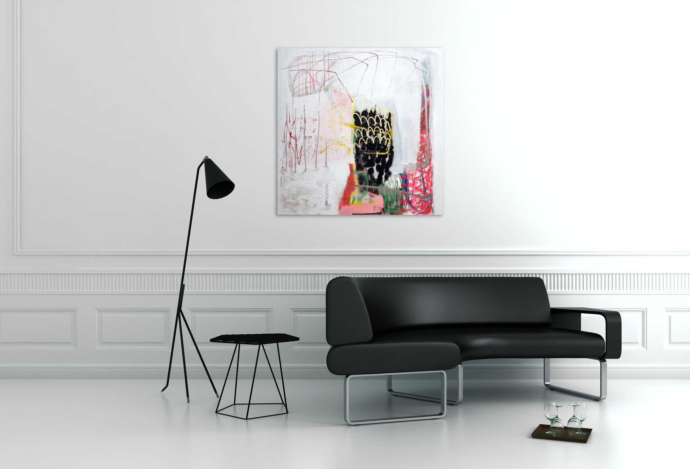 A painting on a white wall with a black and yellow design.