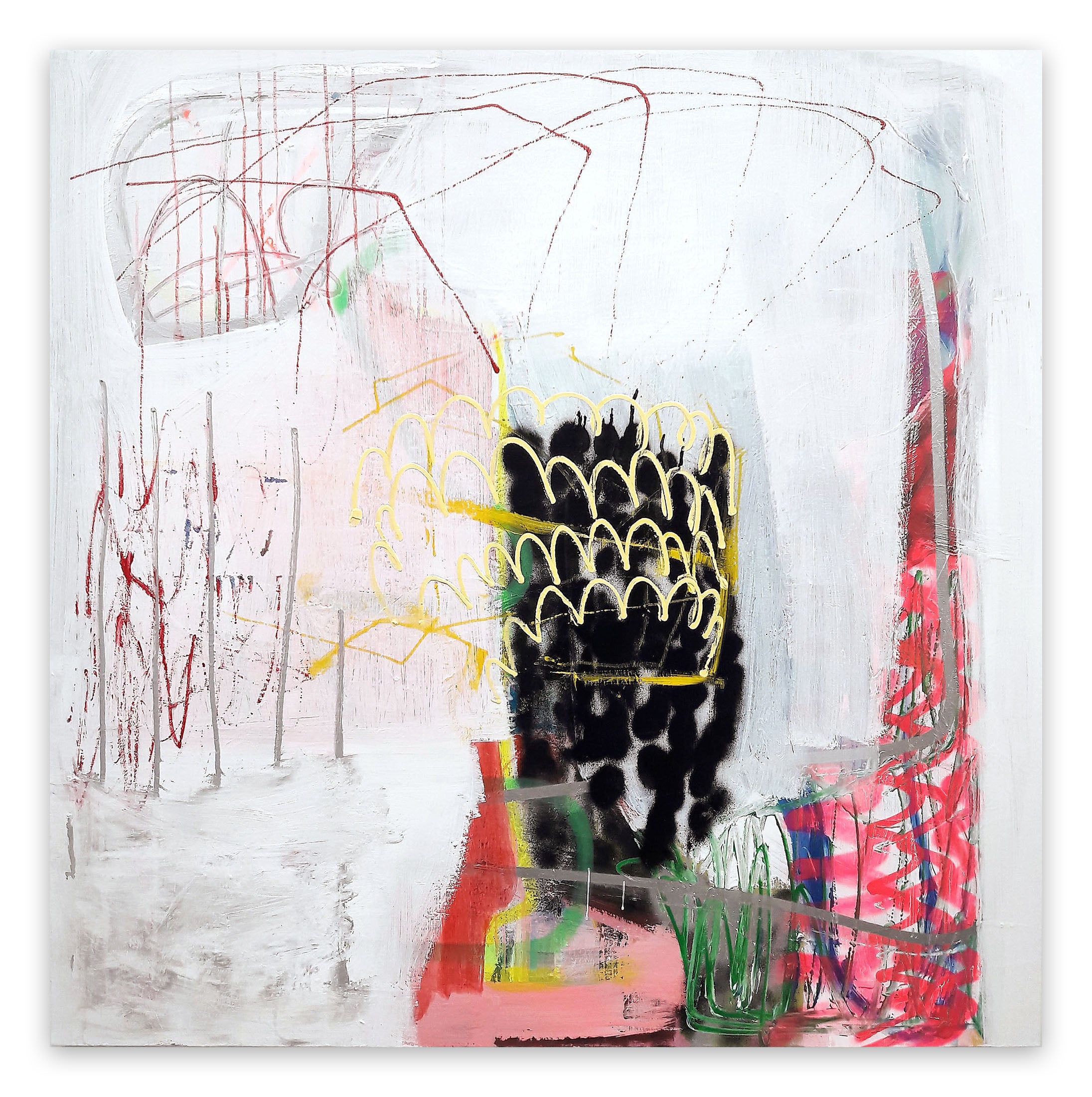 A painting on a white wall with a black and yellow design.