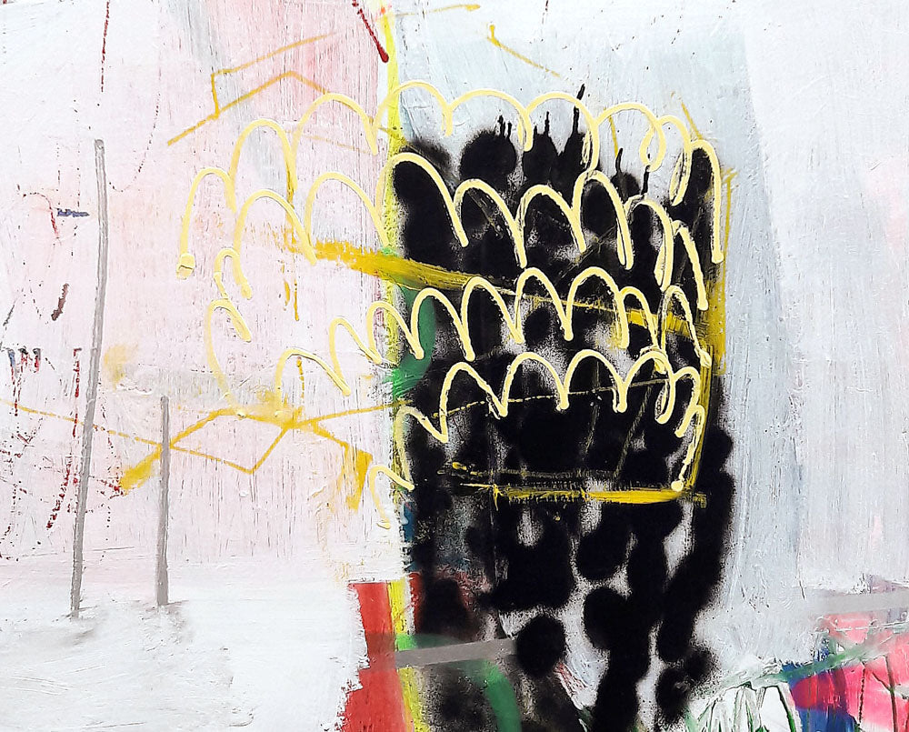A painting on a white wall with a black and yellow design.
