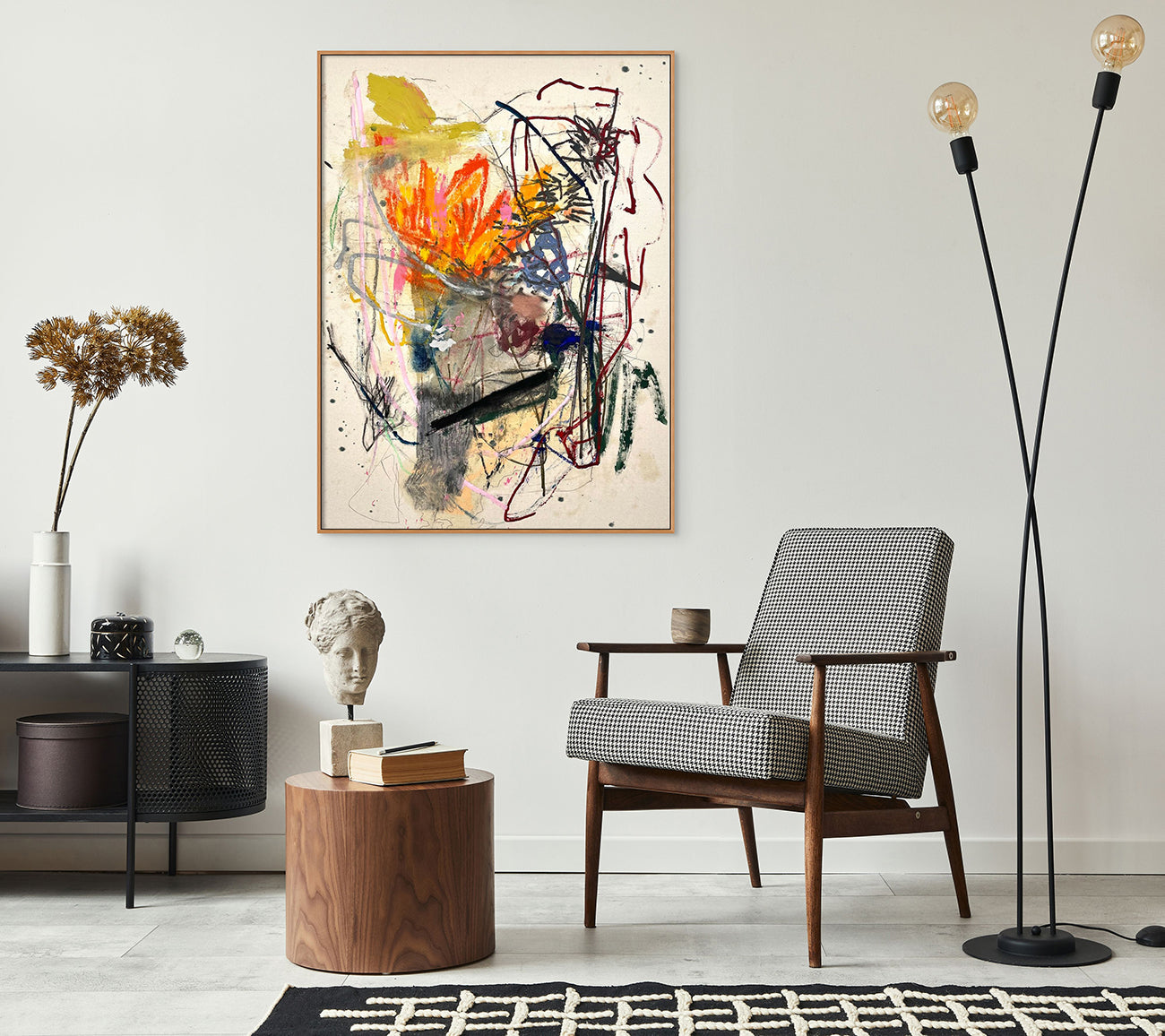 A painting of a vase with a flower in it. 