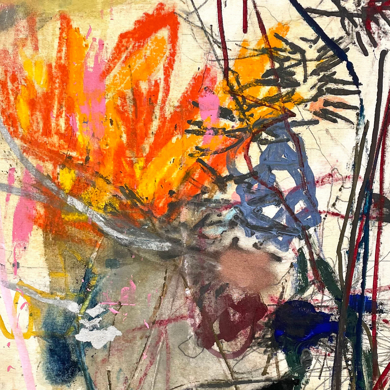 A painting of a vase with a flower in it. 