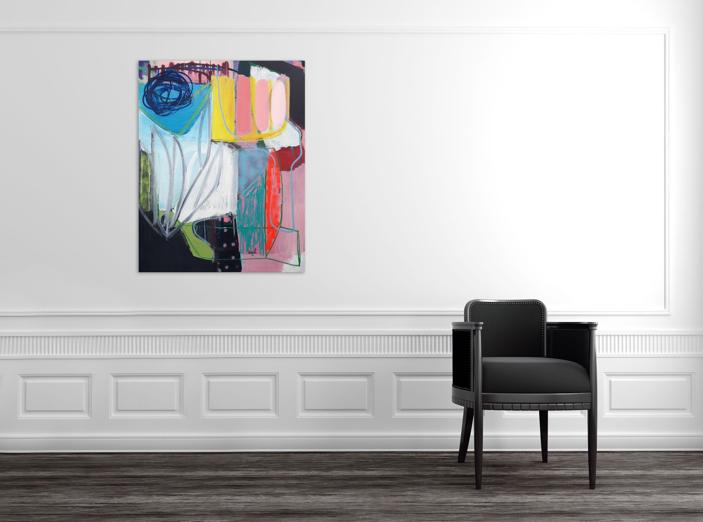 A painting on a white wall with a black background.