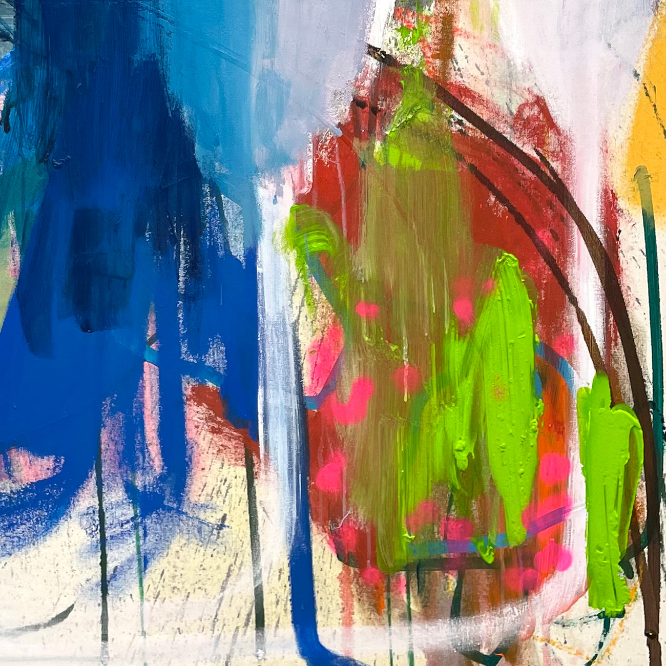 A painting with blue, yellow, red, green, and blue paint on a white background.