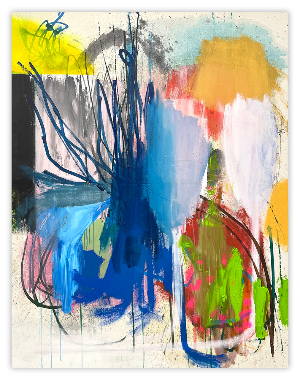 A painting with blue, yellow, red, green, and blue paint on a white background.