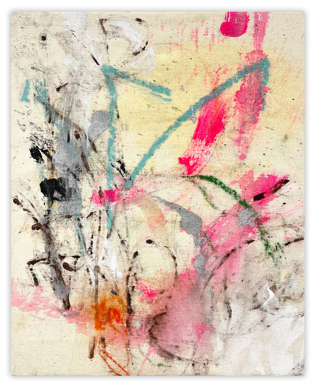 A painting of pink and blue paint splatters on a white background.