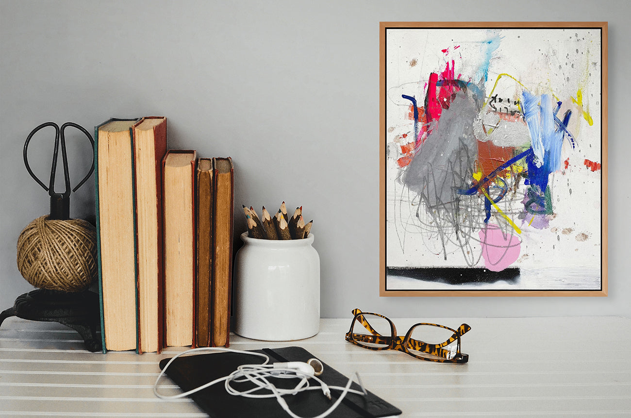 A painting with lots of paint splatters on a white background.