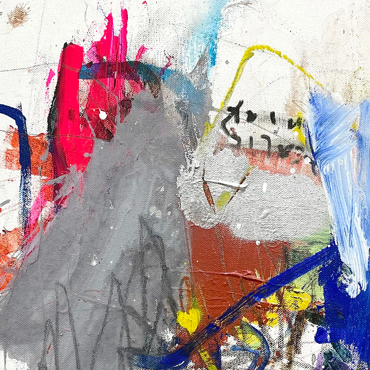 A painting with lots of paint splatters on a white background.