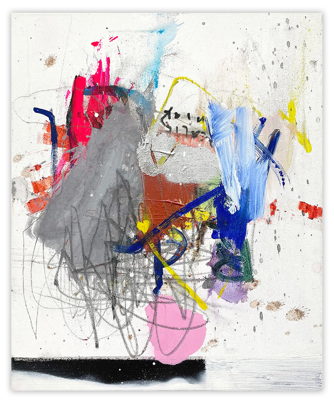 A painting with lots of paint splatters on a white background.