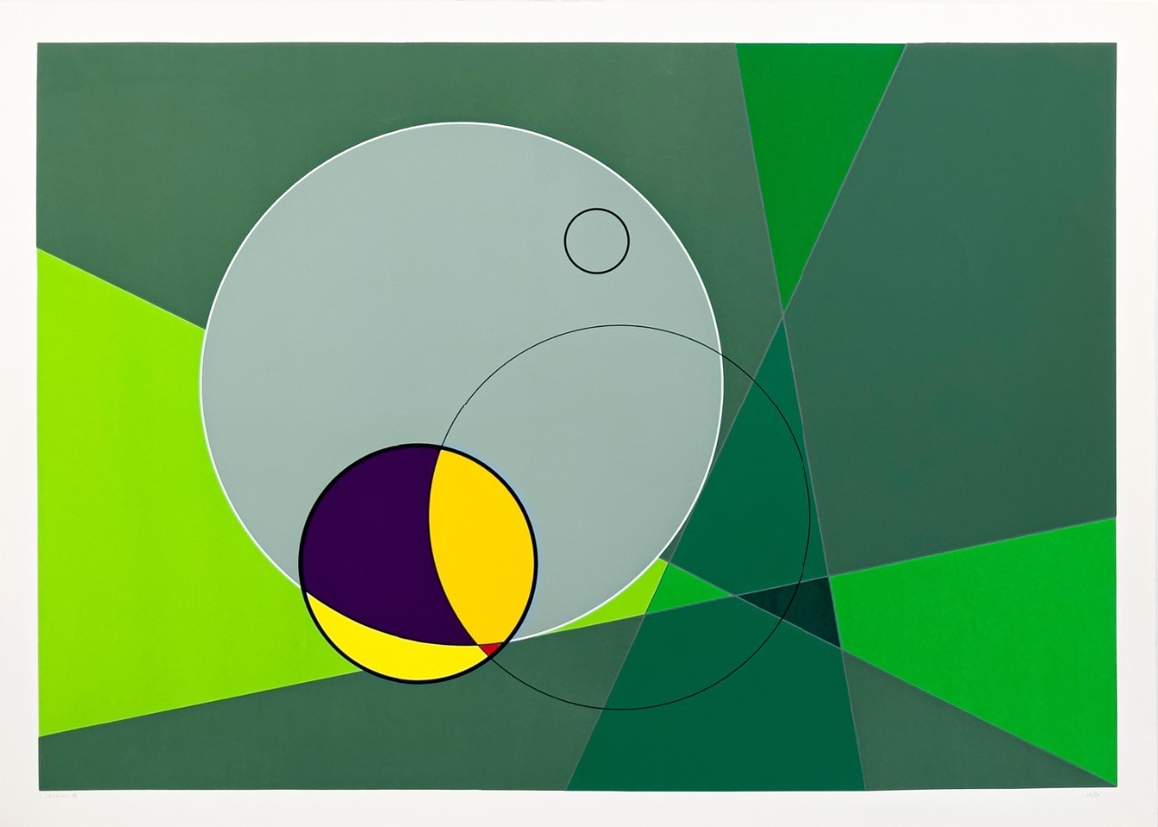 A green and yellow abstract painting with a circle in the middle.