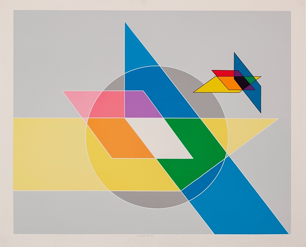 A colorful abstract painting on a gray background. 