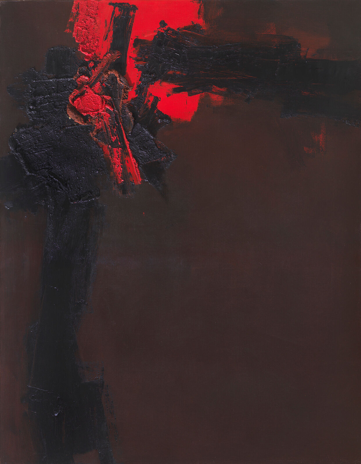 A painting of a cross on a red background.