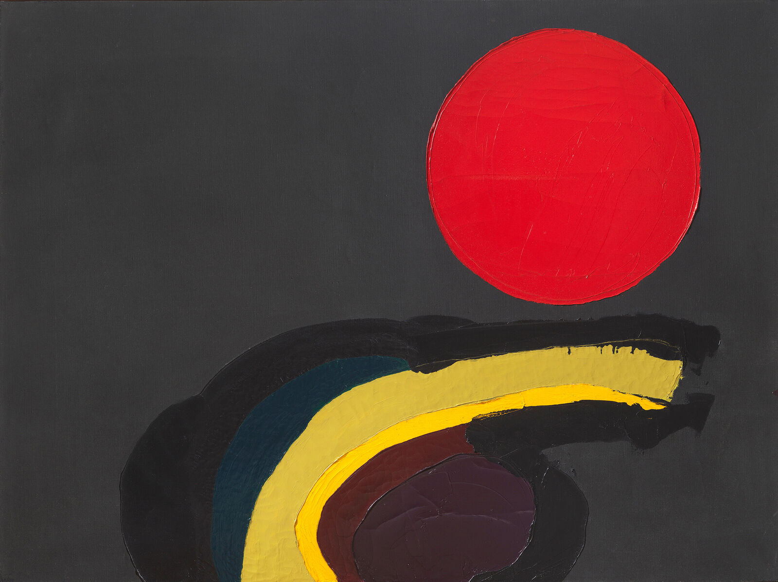 A painting of a red sun on a black background.